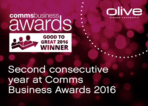 Olive wins the –Good to Great– award for the second consecutive year at the Comms Business Awards 2016